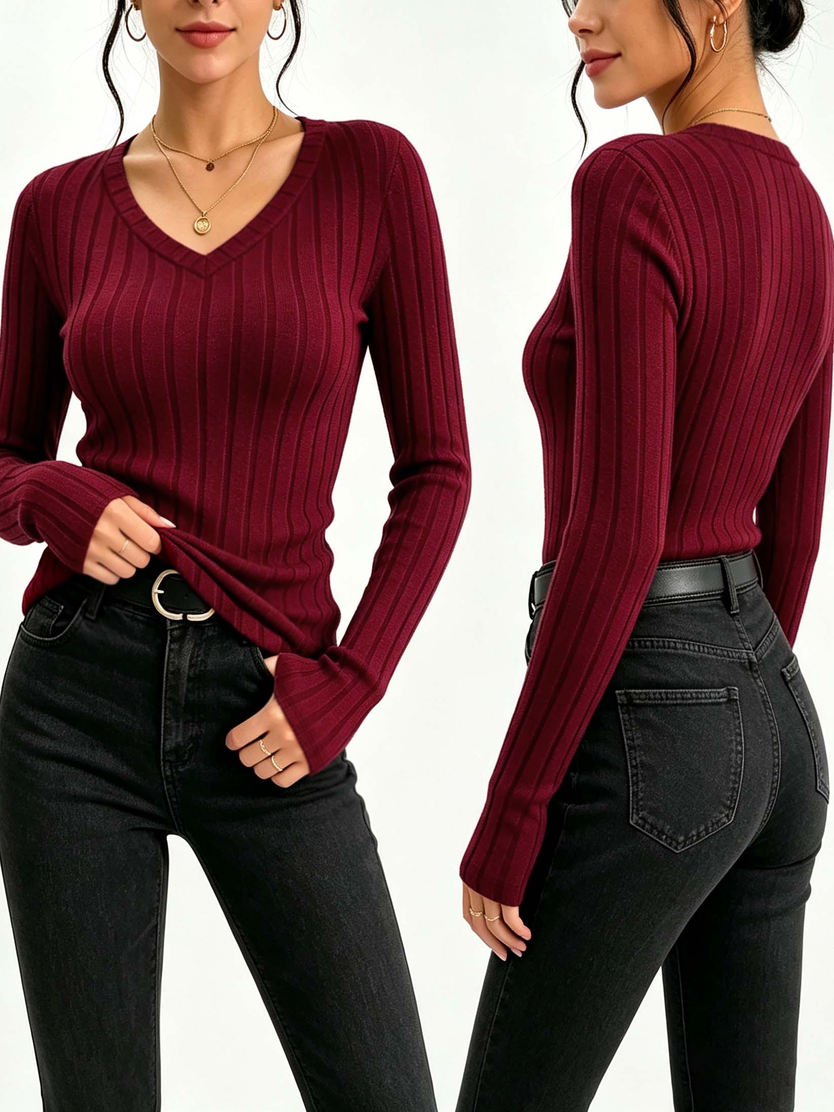 Golf Tees - Damen-T-Shirt mit V-Ausschnitt, geripptem Strick, schmaler
